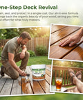 Slick All In One Cedar Wood Stain And Sealer One Gallon used on a deck, applying waterproof finish to natural wood.