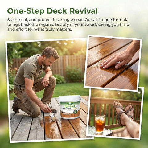 Slick All In One Cedar Wood Stain And Sealer One Gallon used on a deck, applying waterproof finish to natural wood.