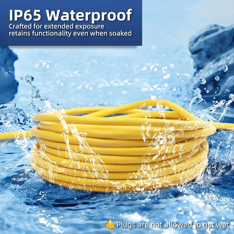 Heavy Duty 25 Foot 12 Gauge Outdoor Extension Cord With Lighted End, waterproof yellow cable coiled on wet surface.