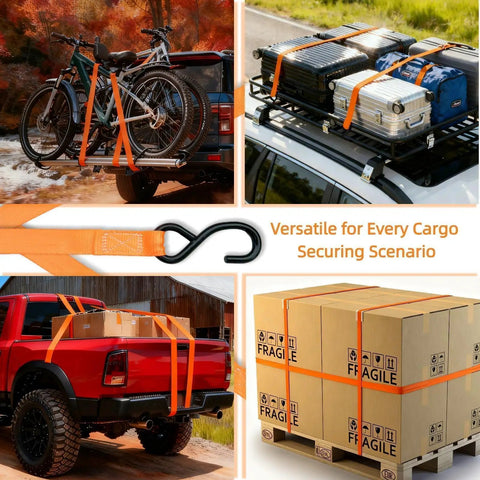 Trucker Grade Ratchet Tie Down Straps 8 Pack One Inch By 16 Feet securing bicycles, luggage, and boxes on vehicles.