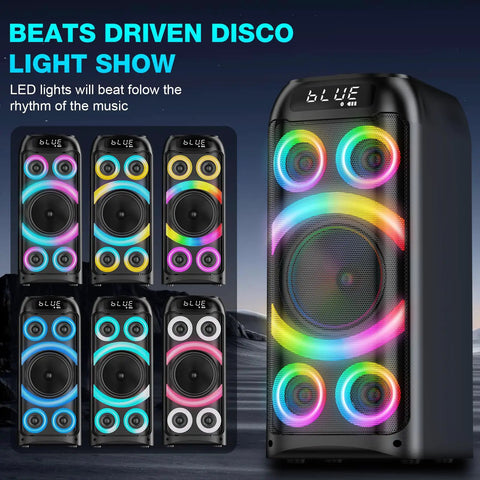 160W Peak Bluetooth Party Speaker with LED lights, vibrant visuals, showing disco light modes, portable boombox style design.