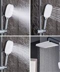 Ridiculously Good Wall Mount Shower System With Chrome Rain Head And Handheld Sprayer Includes Tub Spout Three Spray Modes angled views of shower spray and handheld options.
