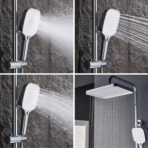 Ridiculously Good Wall Mount Shower System With Chrome Rain Head And Handheld Sprayer Includes Tub Spout Three Spray Modes angled views of shower spray and handheld options.