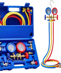 3 Way AC Manifold Gauge Set With 5 Ft Hoses For R12 R134a R502 R22 Systems, Pro Grade, High Accuracy 2.6 Inch Gauges, Includes R134a Couplers, 29 Degree Adapter, Piercing And Self Sealing Can Taps, Complete AC Service Kit.