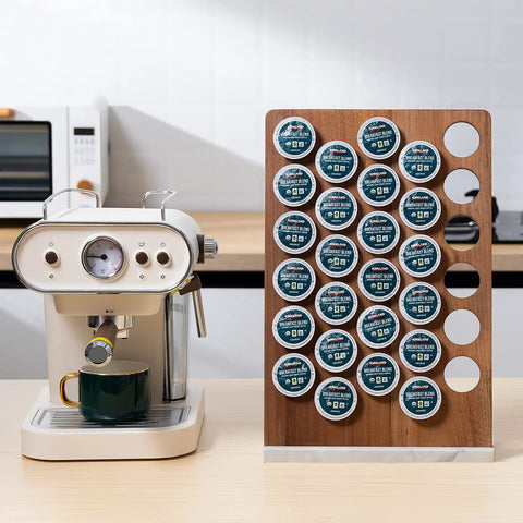 K Cup Coffee Pod Holder And Organizer With Acacia Wood Storage Rack And Weighted White Marble Base, 30 Pod Capacity on countertop