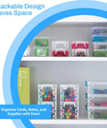 Shelves with durable 3x5 index card box organizer for notes, recipes, and pics in assorted colors, showcasing stackable design.