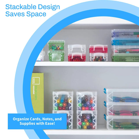 Shelves with durable 3x5 index card box organizer for notes, recipes, and pics in assorted colors, showcasing stackable design.