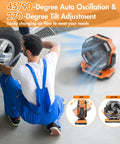 Mechanic using 40,000mAh Rechargeable Battery Powered Oscillating Floor Fan With Remote for cooling in garage