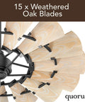 Sixty Inch Damp Rated Ceiling Fan With A Badass Fifteen Blade Wagon Wheel Design Efficient DC Motor Weathered Oak Blades view from below.