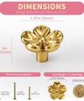 Premium Solid Brass Gold Cabinet Knobs With Cherry Blossom Flower Design dimensions with screw options and comparison coin.