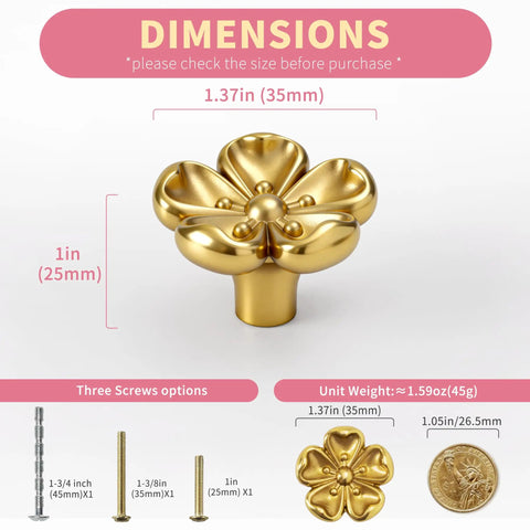 Premium Solid Brass Gold Cabinet Knobs With Cherry Blossom Flower Design dimensions with screw options and comparison coin.