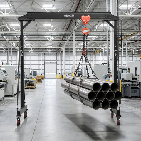Workhorse Grade Adjustable Gantry Crane 4400 Lbs Capacity Portable Shop Lift Hoist With Manual Trolley Kit lifting steel pipes in a warehouse.