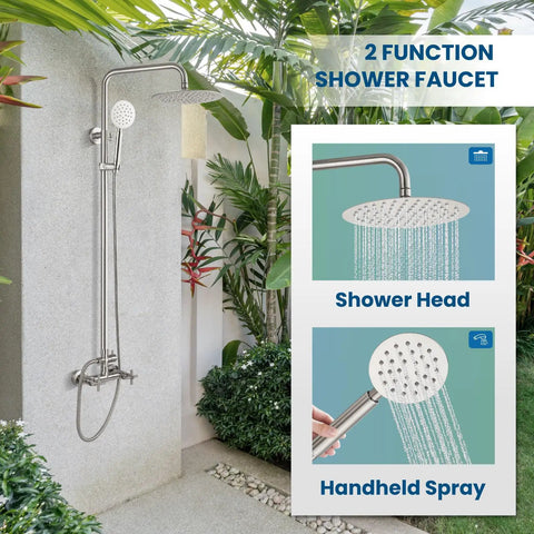 SUS304 Outdoor Shower System With Wall Mount, Heavy Duty High Pressure Dual Function Faucet Set in garden, brushed nickel finish