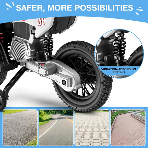 Rear wheel and suspension detail of 12V Kids Ride On Motorcycle With Dual 25W Motors Safe One To Three MPH Speed Safety Training Wheels