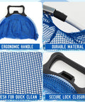 Two Pack Lobster Clam Mesh Dive Bags With Dive Flags showing ergonomic handle, durable material, mesh, and secure closure.