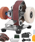 Rock Solid Mini Belt Sander And Knife Sharpener Bench Grinder Kit With Seven Speed Settings For Tough DIY Metal Work, showcasing compact design and accessories.