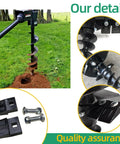 Six Inch Diameter Post Hole Auger For Tractor Mounted Digger 48 Inch Long With Reinforced Collar For Two Half Inch Bolts Spiral Point And Replaceable Carbide Edges For Two Inch Round Drive Holes Cat One Cat Two Three Point Hitch Built To Last shown with parts and details
