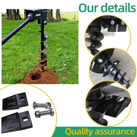 Six Inch Diameter Post Hole Auger For Tractor Mounted Digger 48 Inch Long With Reinforced Collar For Two Half Inch Bolts Spiral Point And Replaceable Carbide Edges For Two Inch Round Drive Holes Cat One Cat Two Three Point Hitch Built To Last shown with parts and details