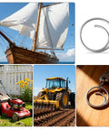 Collage featuring 80 Piece Stainless Steel Cotter Ring Kit With Five Sizes, 316 Grade Marine Hardware, ship, and tools