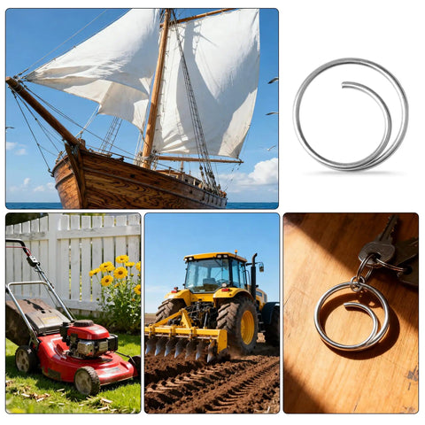Collage featuring 80 Piece Stainless Steel Cotter Ring Kit With Five Sizes, 316 Grade Marine Hardware, ship, and tools
