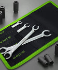 Amazon 4-piece metric flare-nut wrench set with offset ends in chrome, stored in black pouch with neon green trim.