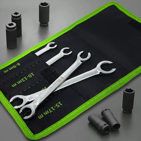 Amazon 4-piece metric flare-nut wrench set with offset ends in chrome, stored in black pouch with neon green trim.