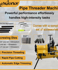 Straight Up Heavy Duty Workhorse Electric Pipe Threader And Cutting Tool 1 2 To 4 Inch NPT BSPT Die Set 220V 750W with accessories.