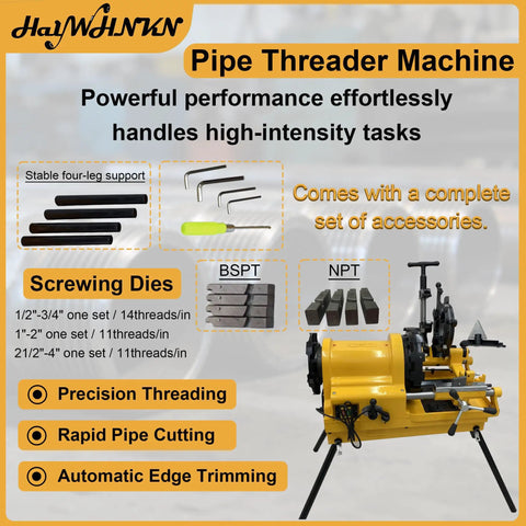 Straight Up Heavy Duty Workhorse Electric Pipe Threader And Cutting Tool 1 2 To 4 Inch NPT BSPT Die Set 220V 750W with accessories.