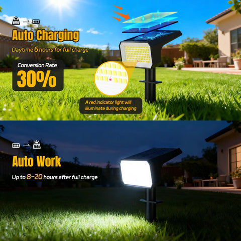 Outdoor Solar Spot Lights With 118 LED IP67 Weatherproof Landscape Pathway Lights Auto On Off 4 Modes daytime and night view