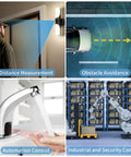 Collage showing uses of a Two Pack Ultrasonic Distance Sensor For Arduino High Precision Waterproof Beefy Low Power Consumption Integrated Module, including distance measurement, obstacle avoidance, automation, and industrial control.