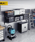 Two Pack Heavy Duty Wall Mounted Garage Shelves, Two Tier 1.3x3ft Units with storage boxes, tools, and vacuum in garage setting