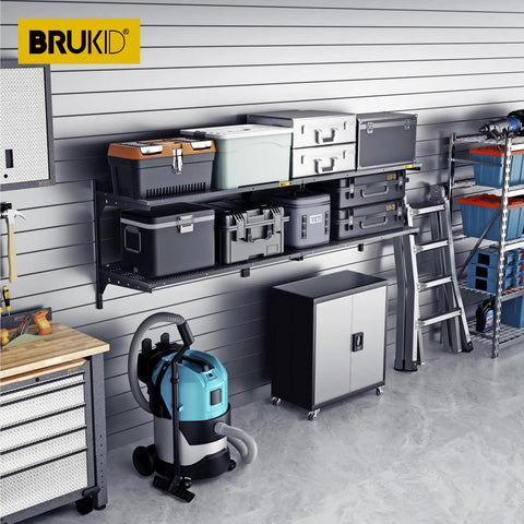 Two Pack Heavy Duty Wall Mounted Garage Shelves, Two Tier 1.3x3ft Units with storage boxes, tools, and vacuum in garage setting