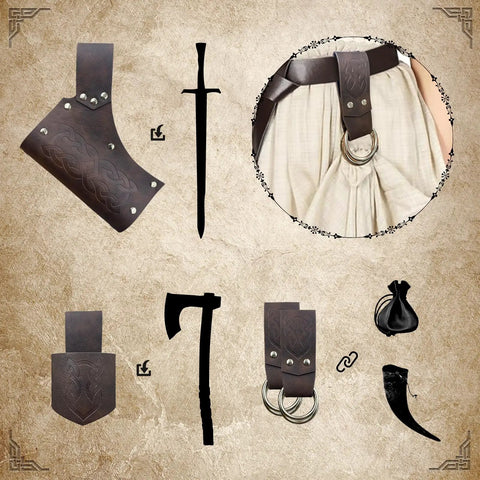 Six Piece Renaissance Belt Set With Pouch Sword Frog Horn Holster Skirt Clip And Medieval Accessories on textured background