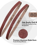 Close-up of 24 Pack Half Inch By Eighteen Inch Aluminum Oxide Sanding Belts For Belt Sanders, Assorted Grits 40 to 240, showing grit detail.
