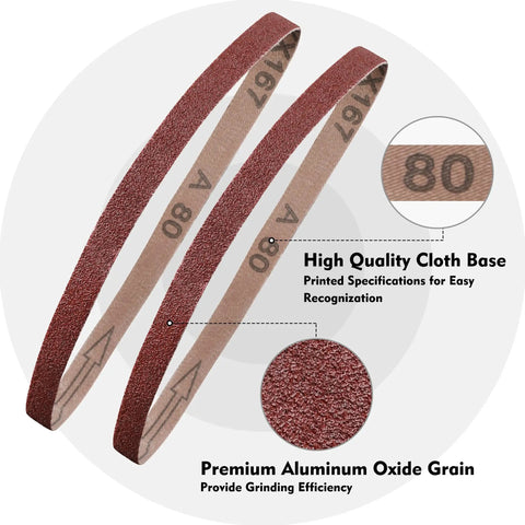 Close-up of 24 Pack Half Inch By Eighteen Inch Aluminum Oxide Sanding Belts For Belt Sanders, Assorted Grits 40 to 240, showing grit detail.