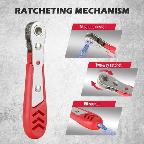 Close-up of 260-Piece Do It All Magnetic Security Bit Set with ratchet wrench showing red handle, magnetic design, and bit socket.
