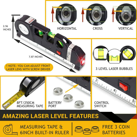 Stud Finder And Three In One Laser Level Ruler Wall Scanner For Hanging Pictures DIY Home Improvement Tool Features Chart