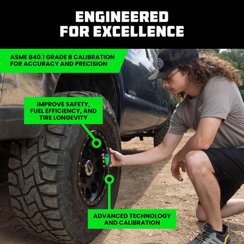 Side view of a person using a green Rhino USA digital tire pressure gauge on a rugged vehicle tire