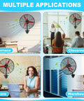 Heavy Duty 22 Inch Wall Mount Oscillating Fan With Rock Solid Three Speed Controls And Badass 7500 CFM Cooling Power Featuring Glossy Red Aluminum Blades For Garage Shops And Warehouses in multiple settings including terrace, classroom, store, and warehouse.
