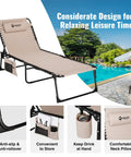Oversized Chaise Lounge Chair With Five Adjustable Positions by a pool, showing anti-slip legs, storage pocket, drink holder, and neck pillow.