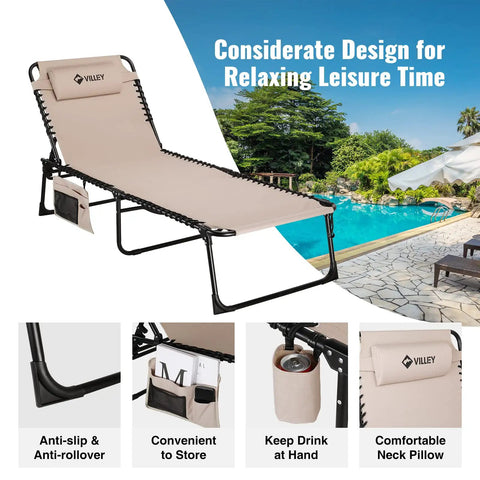Oversized Chaise Lounge Chair With Five Adjustable Positions by a pool, showing anti-slip legs, storage pocket, drink holder, and neck pillow.
