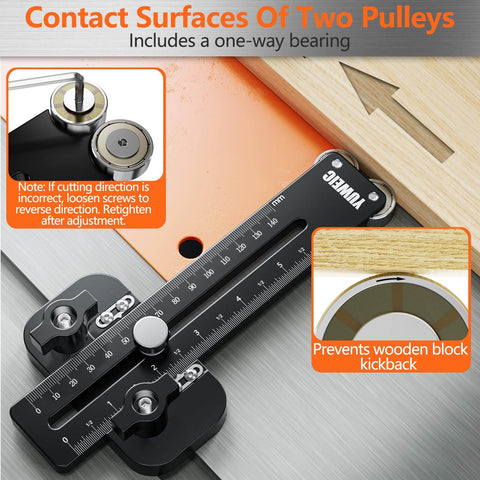Thin Rip Table Saw Jig With Push Block And Dual Pulleys For Precision Repeatable Narrow Strip Cuts Fits 3/8 X 3/4 In T Slots