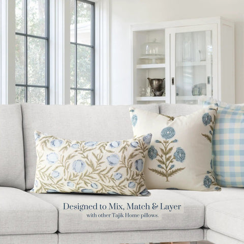Alisa Blue Block Print Pomegranate Pillow Cover 100 Percent Cotton Throw Pillow Cover Decorative Accent For Sofa Couch Bed 14x24 Vintage Coastal Grandma Grandmillennial Style on gray sofa