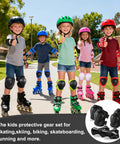 Kids wearing Kid Friendly Knee Pads Elbow Pads And Wrist Guards Protective Gear Set skating on sidewalk, smiling and thumbs up.