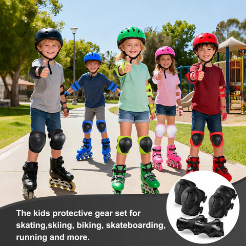 Kids wearing Kid Friendly Knee Pads Elbow Pads And Wrist Guards Protective Gear Set skating on sidewalk, smiling and thumbs up.