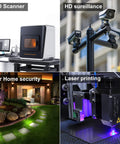 Collage showing 3D scanner, security cameras for HD surveillance, home security lighting, and laser printing technology.
