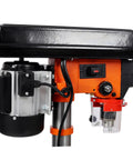 10 Inch Benchtop Drill Press With 12 Variable Speeds Ranging From 380 To 3130 Rpm side view of motor and control panel.