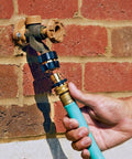 Top Tier Garden Hose Quick Connector Upgrade Kit, 3/4 Inch Male Female Fitting Adapter For Easy Leakproof Water Hose Repair And Fast Outdoor Sprayer Hookups On Any Standard Setup Today. brass hose connector attached to wall tap with blue hose