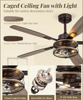 52 Inch Oil Bronze Farmhouse Ceiling Fan With Light And Remote Slick Industrial Flush Mount Six Speeds Reversible Motor Dual Finish Five Blades Rustic Ceiling Fan For Living Room Or Bedroom showcasing caged design and dual blade styles.