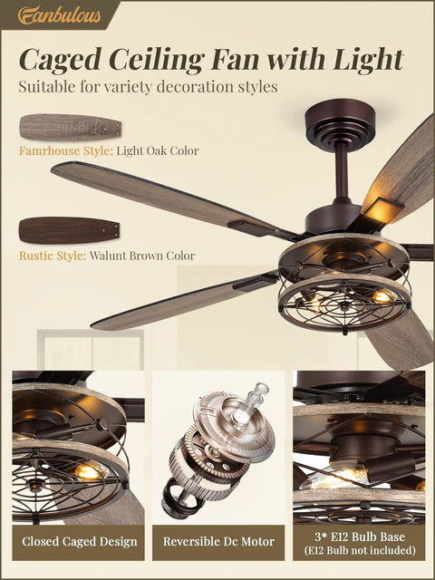 52 Inch Oil Bronze Farmhouse Ceiling Fan With Light And Remote Slick Industrial Flush Mount Six Speeds Reversible Motor Dual Finish Five Blades Rustic Ceiling Fan For Living Room Or Bedroom showcasing caged design and dual blade styles.